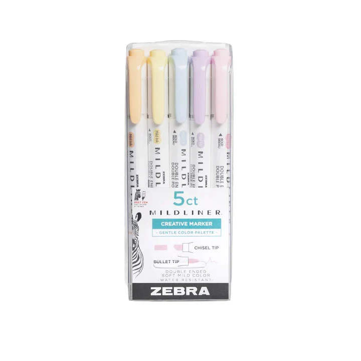 Zestaw zakreślaczy MILDLINER z podwójną końcówką Zebra 5 szt. | Pastelowy